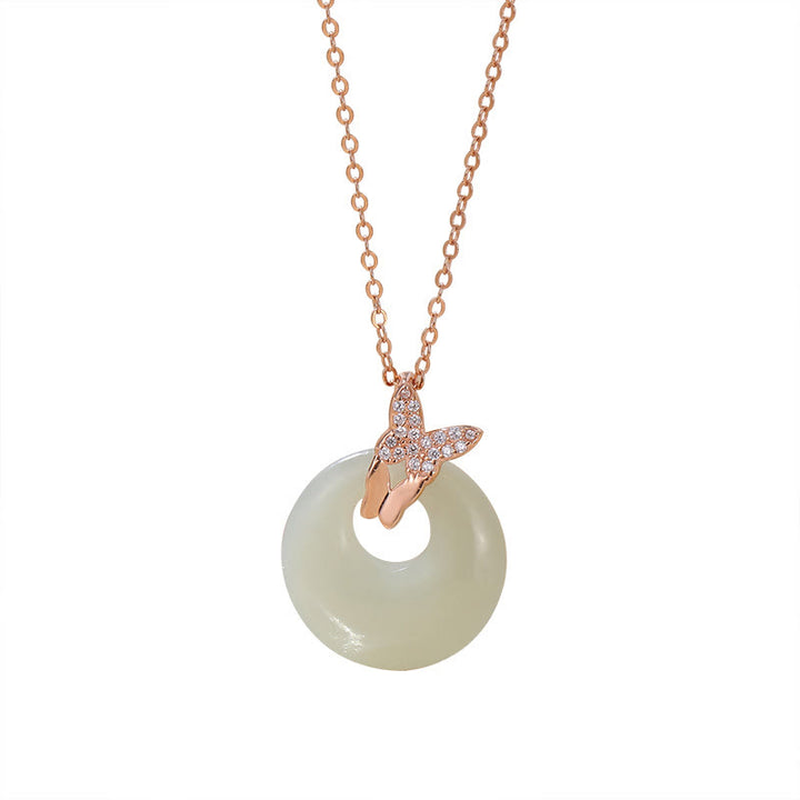 Collier pendentif porte-bonheur papillon en argent sterling 925 Buddha Stones en jade Hetian naturel et zircon