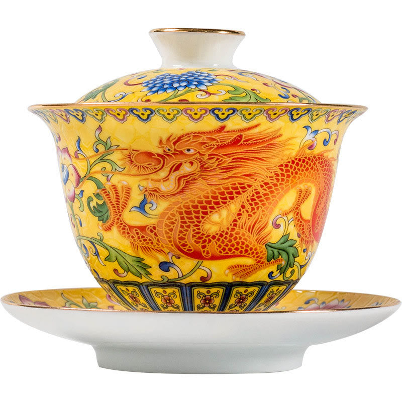 Tasse à thé en céramique Gaiwan Sancai avec motif de fleurs et de dragons Buddha Stones Kung Fu et soucoupe avec couvercle