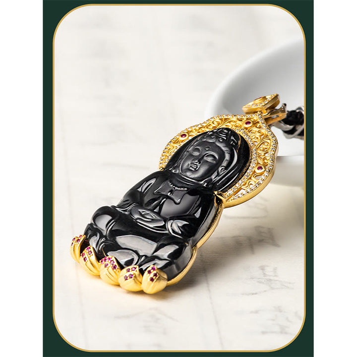 Collier pendentif en jade noir naturel Kwan Yin Avalokitesvara, symbole de richesse, avec chaîne en acier titane et Buddha Stones. - image 6
