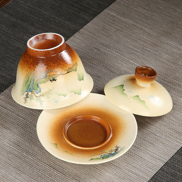 Buddha Stones Paysage de montagne Campagne Céramique Gaiwan Sancai Tasse à thé Kung Fu Tasse à thé et soucoupe avec couvercle
