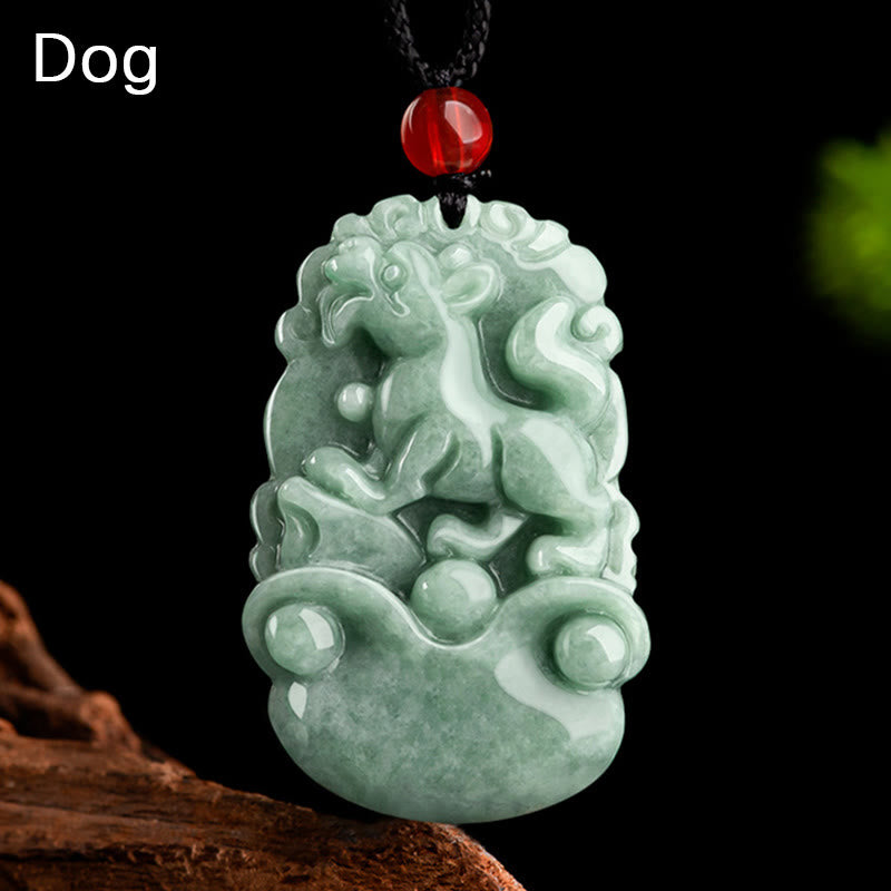 Collier pendentif en jade vert naturel avec Buddha Stones et 12 signes du zodiaque chinois