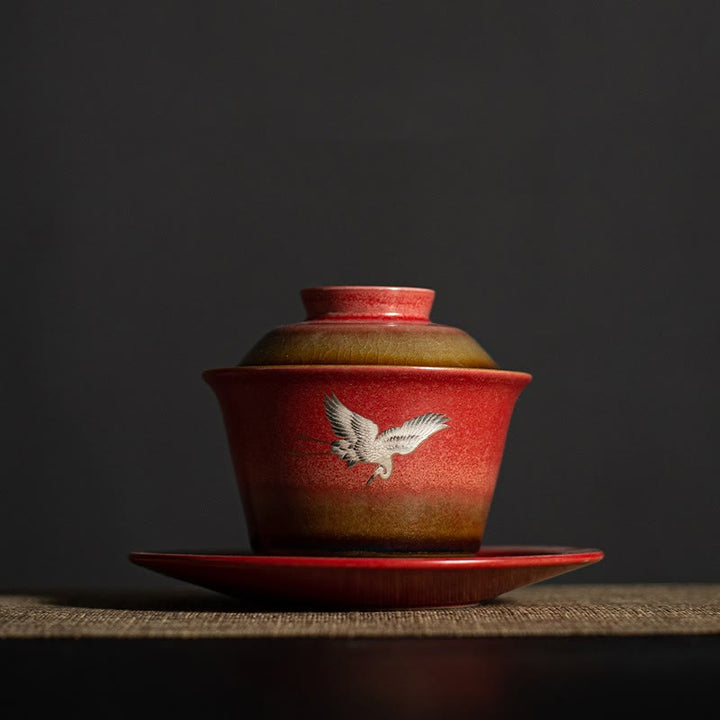 Tasse à thé et soucoupe en céramique Gaiwan Sancai avec couvercle et Buddha Stones rouge de bon augure