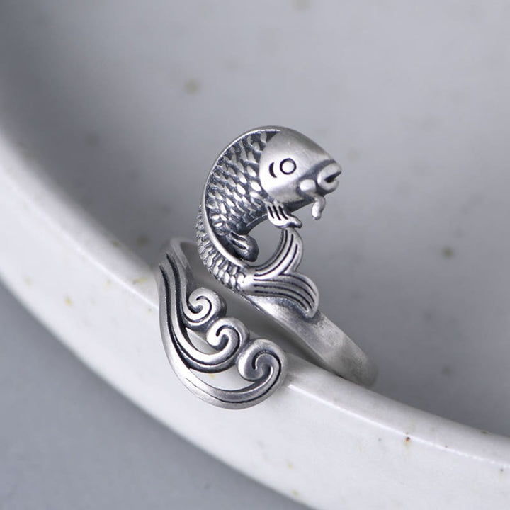 Bague en argent sterling 925 Buddha Stones et poisson koï