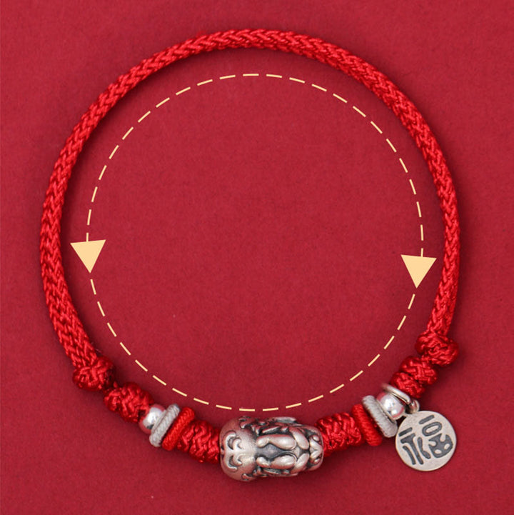Bracelet tressé fait main en argent sterling 925 avec Buddha Stones et personnage PiXiu Fu