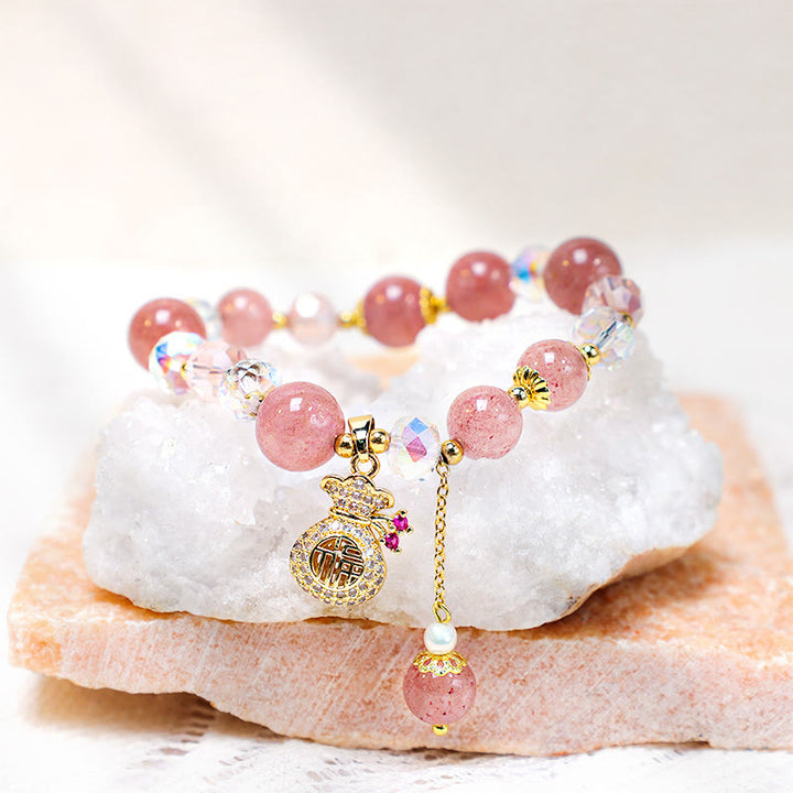 Bracelet porte-monnaie en cristal de quartz fraise naturel Buddha Stones