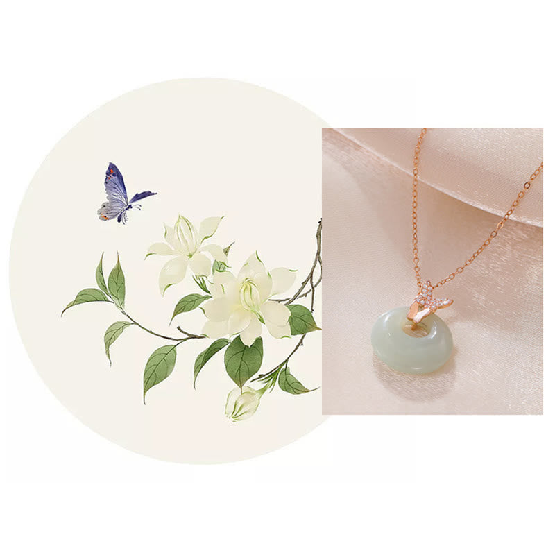 Collier pendentif porte-bonheur papillon en argent sterling 925 Buddha Stones en jade Hetian naturel et zircon
