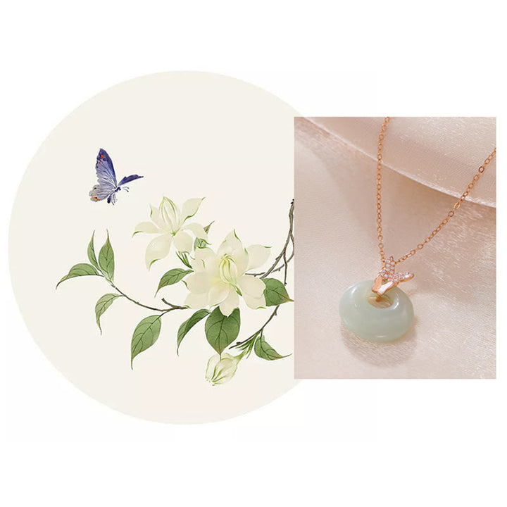 Collier pendentif porte-bonheur papillon en argent sterling 925 Buddha Stones en jade Hetian naturel et zircon