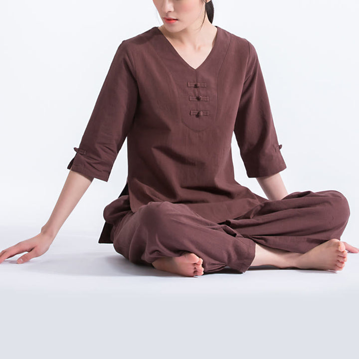 Ensemble de vêtements en coton et lin Buddha Stones , yoga, méditation, prière, col en V, pratique zen, pour femmes