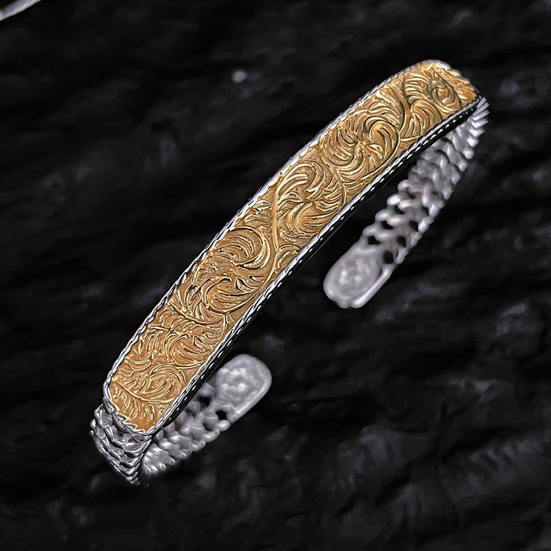 Bracelet manchette porte-bonheur en cuivre gravé avec motif floral de la dynastie Tang et anneau réglable