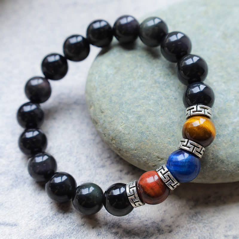 Bracelet de force en obsidienne noire naturelle et œil de tigre tricolore
