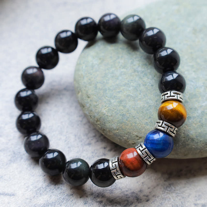 Bracelet de force en obsidienne noire naturelle et œil de tigre tricolore