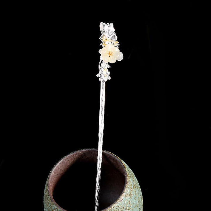 Épingle à cheveux en argent sterling 925 avec fleur de jade blanc Hetian