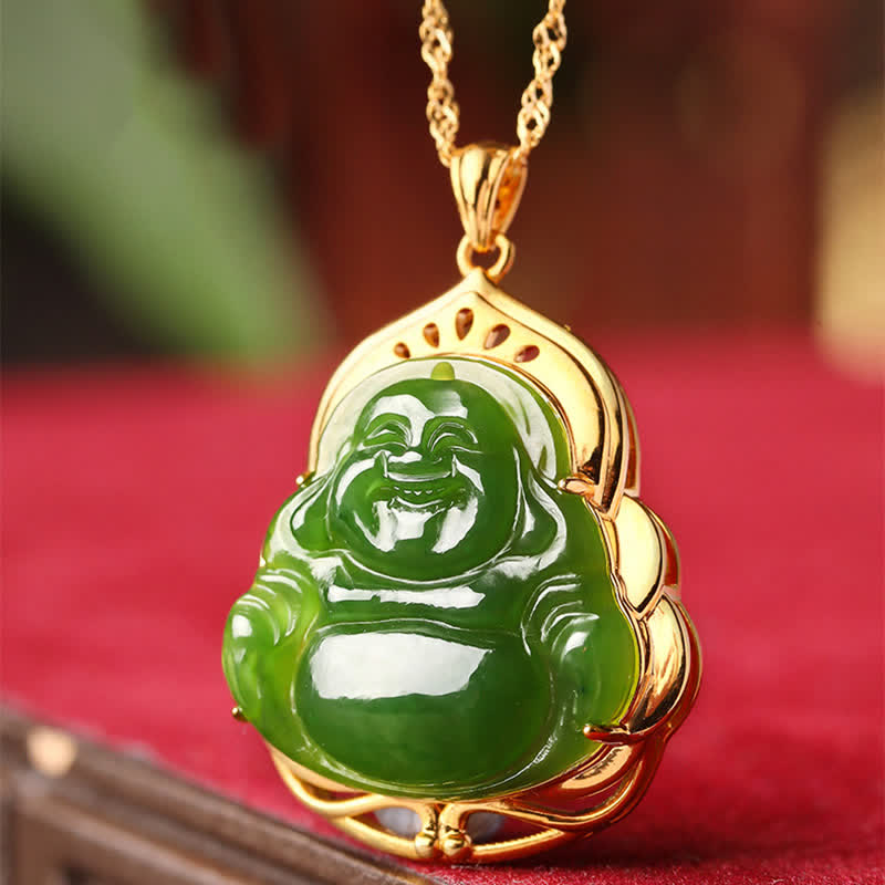 Collier pendentif en argent sterling 925 avec jade cyan naturel Hetian Bouddha rieur en or 18 carats - image 4