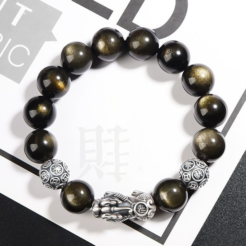 Bracelet de protection de richesse PiXiu en obsidienne naturelle dorée et argent sterling 925 Buddha Stones - 10 mm - image 0
