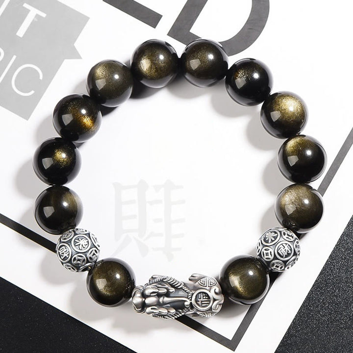 Bracelet de protection de richesse PiXiu en obsidienne naturelle dorée et argent sterling 925 Buddha Stones