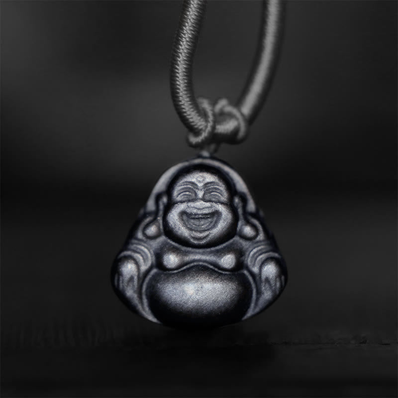 Collier pendentif de protection Buddha Stones rieur en obsidienne argentée naturelle - image 1