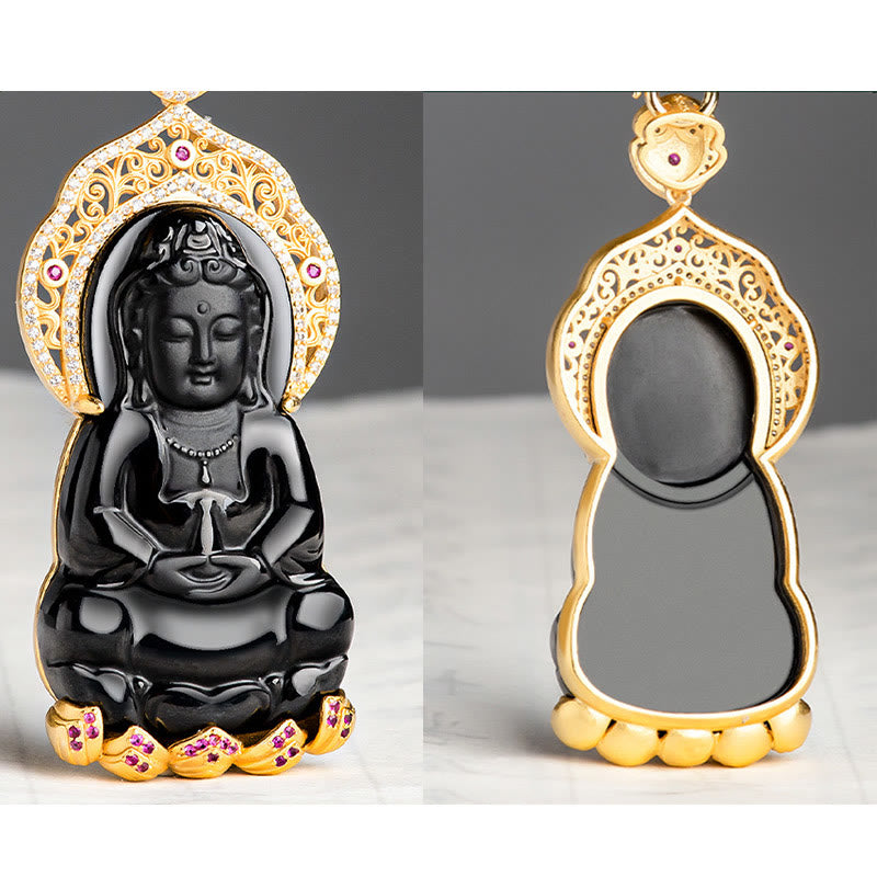 Collier pendentif en jade noir naturel Kwan Yin Avalokitesvara, symbole de richesse, avec chaîne en acier titane et Buddha Stones. - image 4