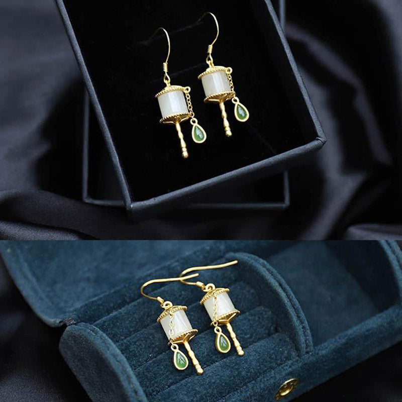 Boucles d'oreilles pendantes en argent sterling 925 et jade avec roue de prière et porte-bonheur Buddha Stones