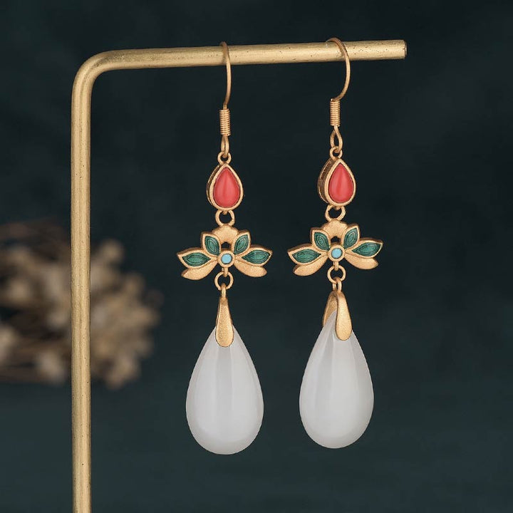 Boucles d'oreilles pendantes porte-bonheur en jade blanc Feng Shui Buddha Stones
