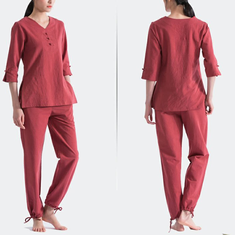 Ensemble de vêtements en coton et lin Buddha Stones , yoga, méditation, prière, col en V, pratique zen, pour femmes