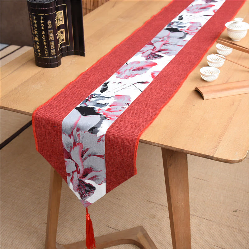 Chemin de table en coton et lin avec pompons, Buddha Stones, style chinois classique, lotus, poisson koï, fleur, grue, calligraphie, illumination