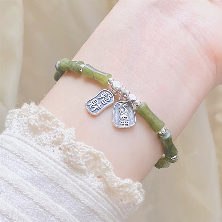 Bracelet en argent sterling 925 Buddha Stones et jade en bambou, chat porte-bonheur, personnage Fu, chance et abondance - image 6