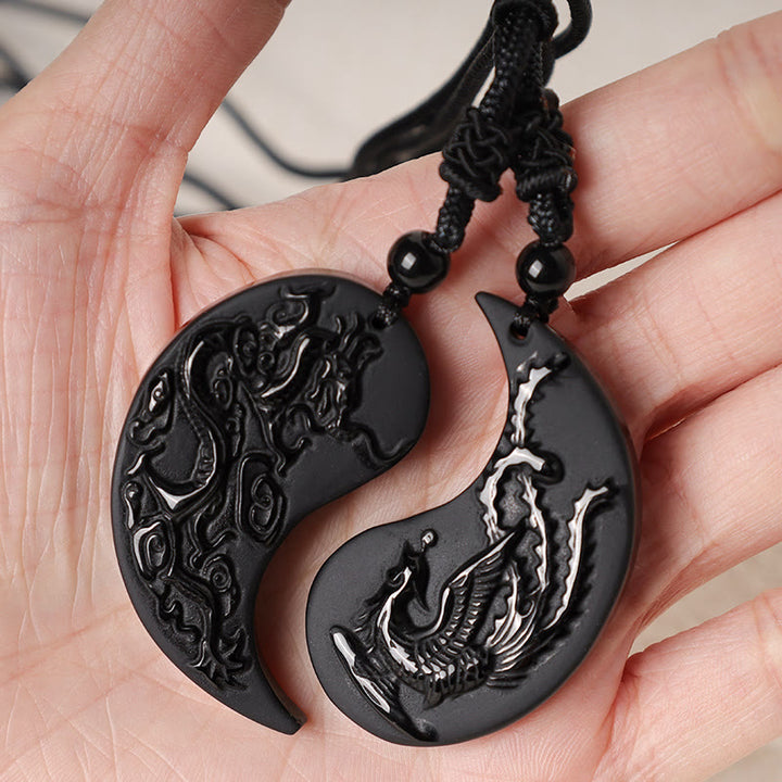 Collier pendentif porte-bonheur en obsidienne noire avec Buddha Stones et dragon Yin Yang et phénix - image 5