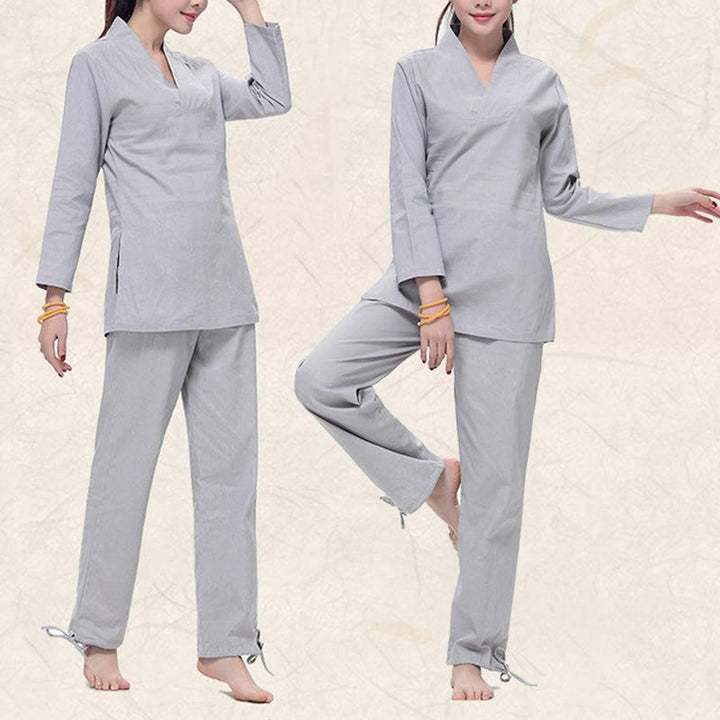 Ensemble de vêtements pour femmes en coton et lin avec Buddha Stones, pratique zen, yoga, méditation, prière, col en V