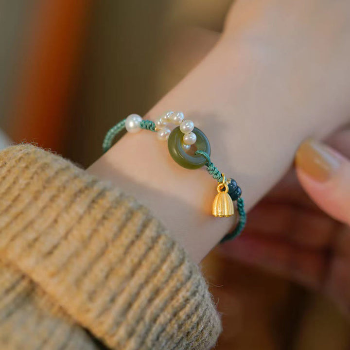 Bracelet tressé artisanal en Buddha Stones Hetian naturel avec boucle de paix et perles de chance