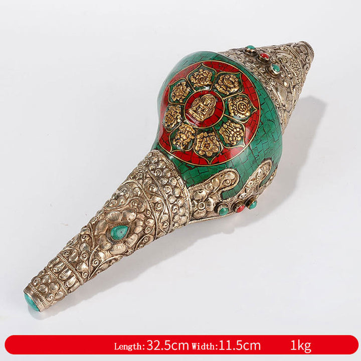 Tibétain fait à la main Shankha Om Mani Padme Hum bouddha Avalokitesvara coquille de conque Turquoise décoration positive - Huit symboles de bon augure - Sakyamuni 32,5 x 11,5 cm - image 19