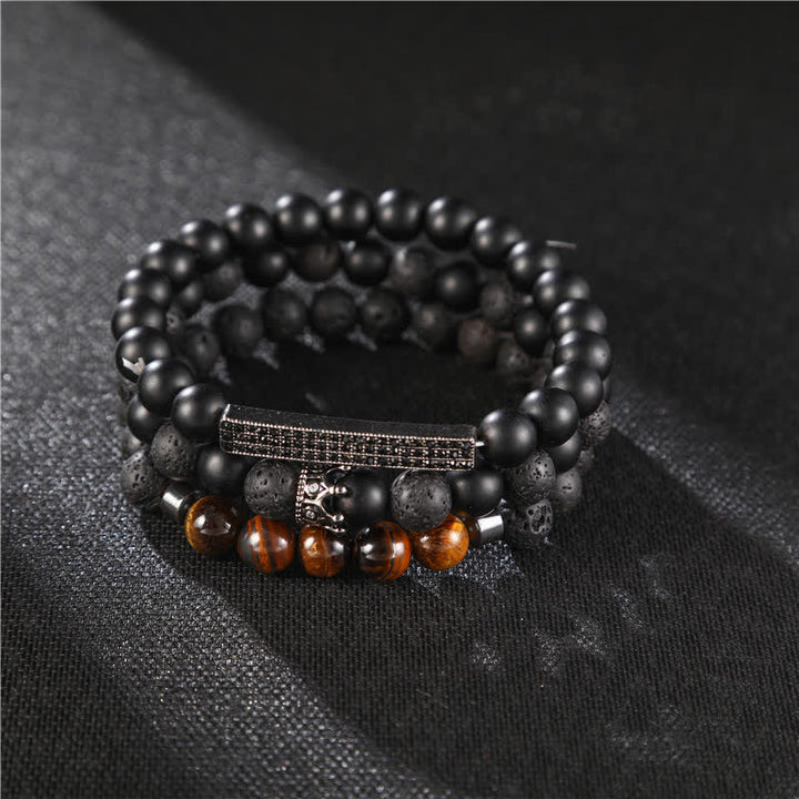 Bracelet d'activation en pierre de lave givrée avec œil de tigre, 3 pièces, Buddha Stones