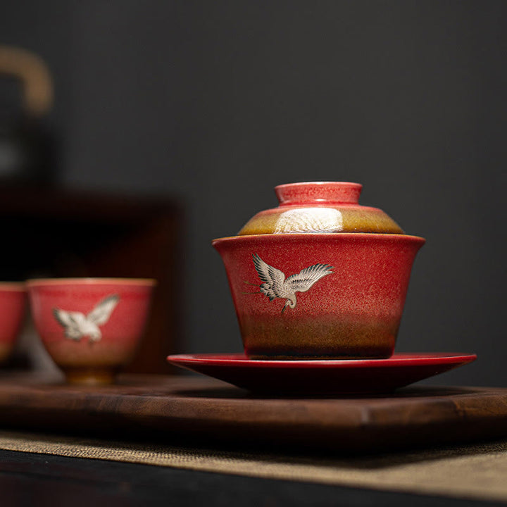 Tasse à thé et soucoupe en céramique Gaiwan Sancai avec couvercle et Buddha Stones rouge de bon augure