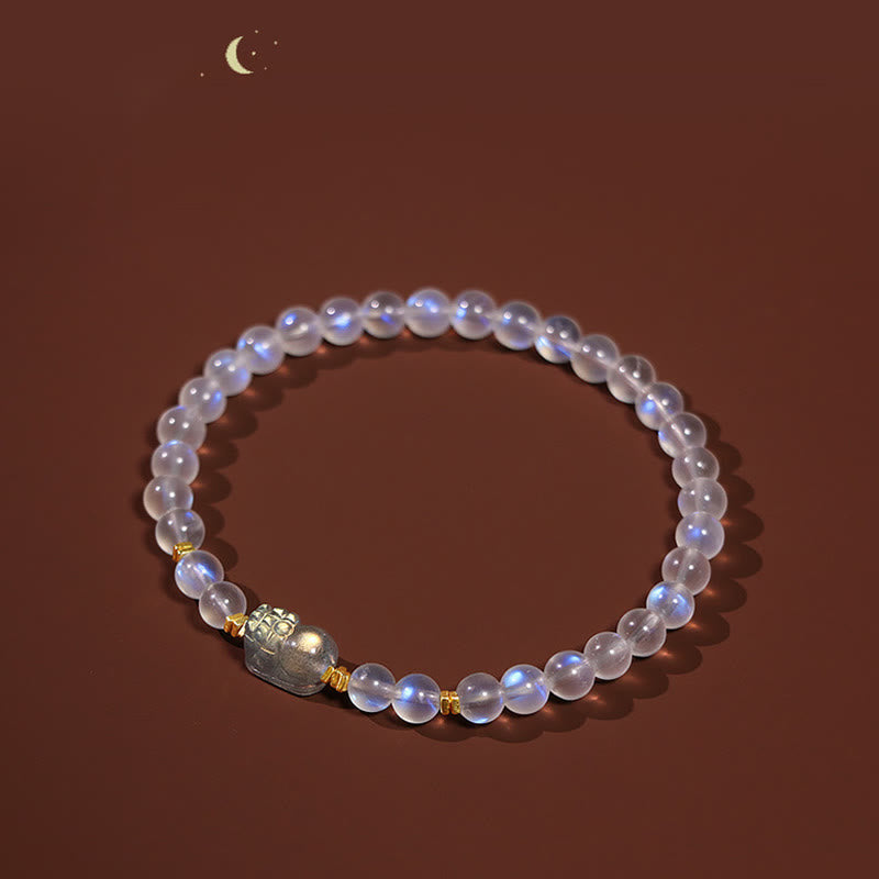 Bracelet de guérison PiXiu en pierre de lune naturelle en argent sterling 925 plaqué or avec Buddha Stones