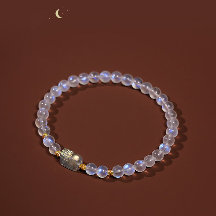 Bracelet de guérison PiXiu en pierre de lune naturelle en argent sterling 925 plaqué or avec Buddha Stones