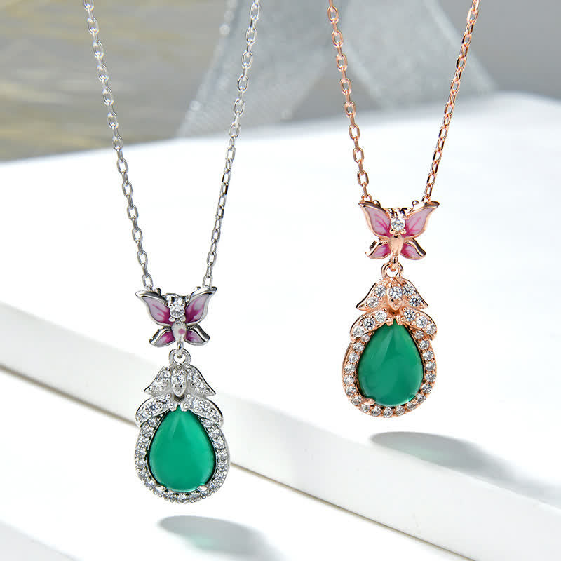 Collier pendentif courage en argent sterling 925 avec calcédoine verte et zircon papillon