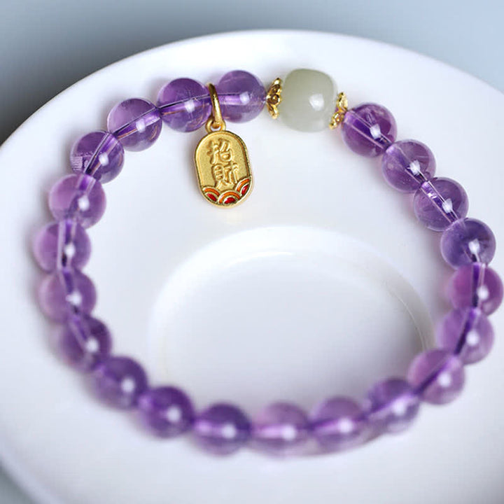 Bracelet de guérison en jade Hetian Buddha Stones et cristal d'améthyste naturel