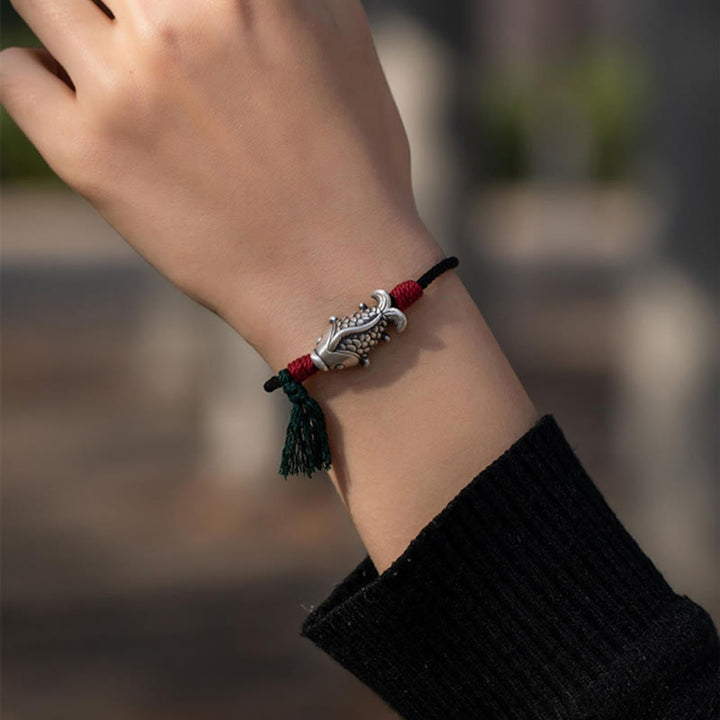 Bracelet tressé en argent sterling 925 Buddha Stones et poisson Koi porte-bonheur