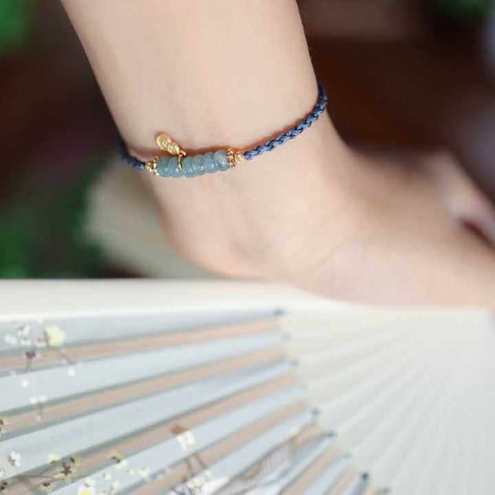 Bracelet tressé porte-bonheur en argent sterling 925 avec gourde de jade naturelle et quartz rutile Fu