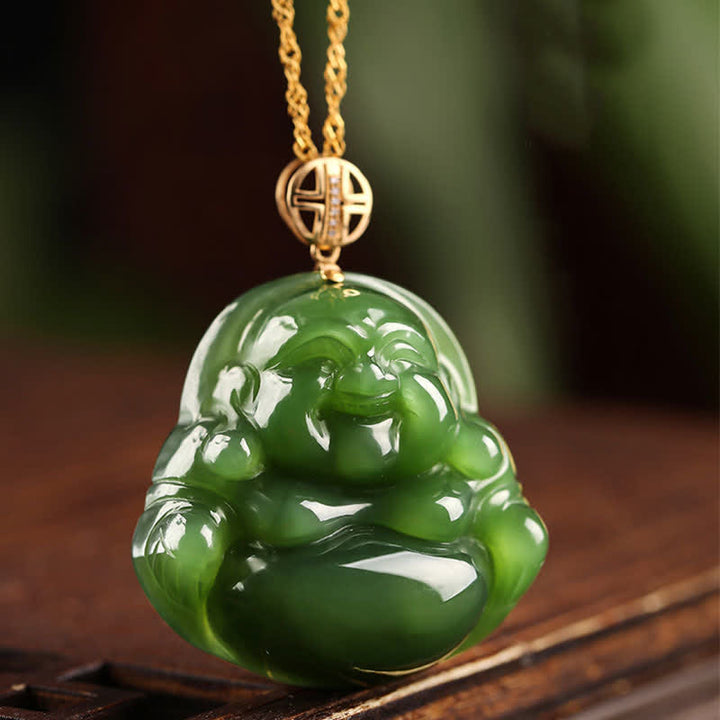 Collier avec pendentif en argent sterling 925 et jade cyan Hetian en or 18 carats avec chaîne et bouddha rieur - image 1