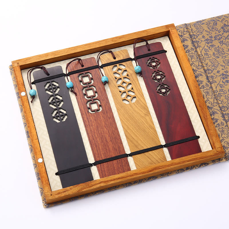 Lot de 4 marque-pages en bois avec Buddha Stones , orchidée, prunier, bambou, chrysanthème, masque d'opéra de Pékin, avec boîte cadeau