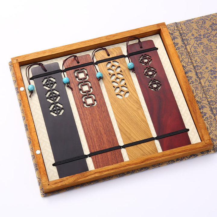 Lot de 4 marque-pages en bois avec Buddha Stones , orchidée, prunier, bambou, chrysanthème, masque d'opéra de Pékin, avec boîte cadeau