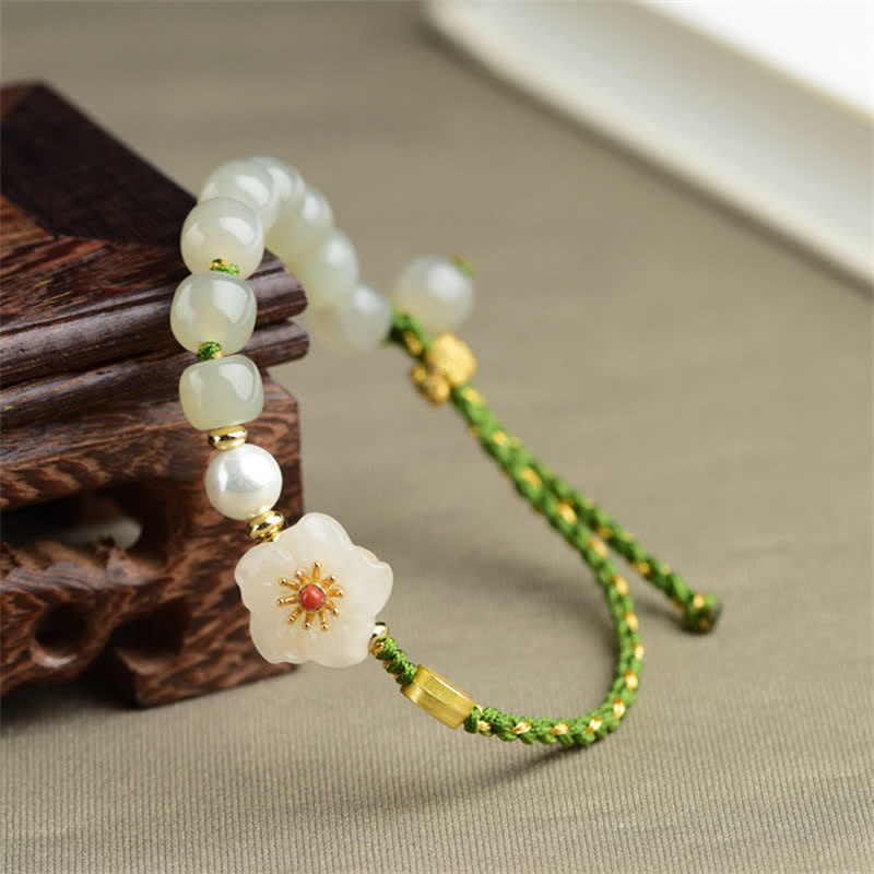 Bracelet porte-bonheur en argent sterling 925 avec jade naturel Hetian et fleur de pêcher
