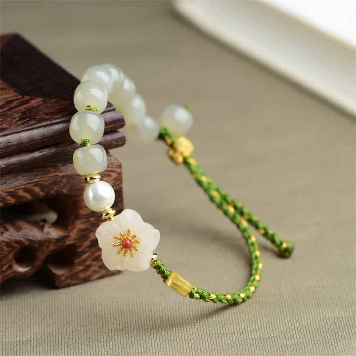 Bracelet porte-bonheur en argent sterling 925 avec jade naturel Hetian et fleur de pêcher