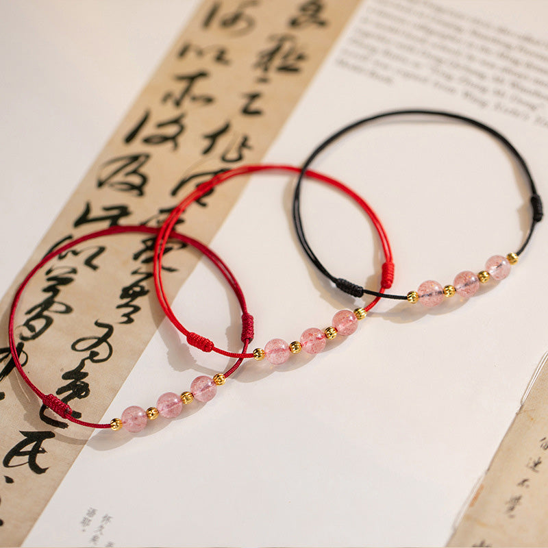 Bracelet de cheville en fil rouge avec perles en cristal de fraise et Buddha Stones