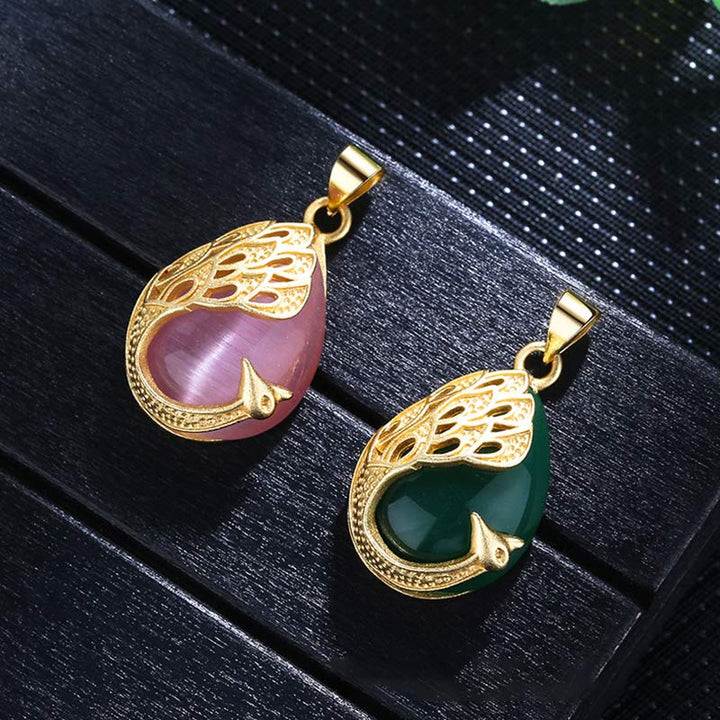 Collier pendentif en cuivre et calcédoine verte et cristal rose avec pendentif apaisant