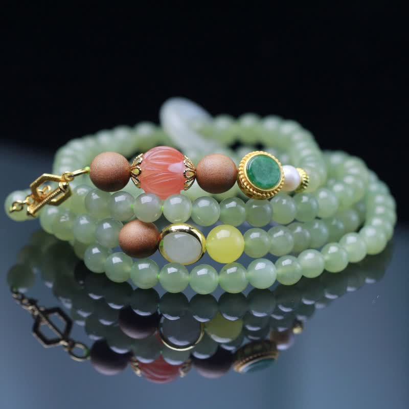 Bracelet d'abondance porte-bonheur en jade Hetian naturel, ambre, lotus, agate rouge