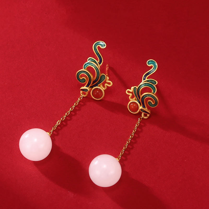 Boucles d'oreilles pendantes en jade blanc et agate rouge vintage Buddha Stones