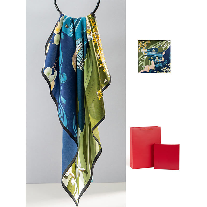 Écharpe en soie de mûrier 100 % peinture à l'huile de la jungle avec Buddha Stones et nuages ​​de bon augure, écharpe de cou en soie double face de qualité supérieure 6A - montgolfière - image 25
