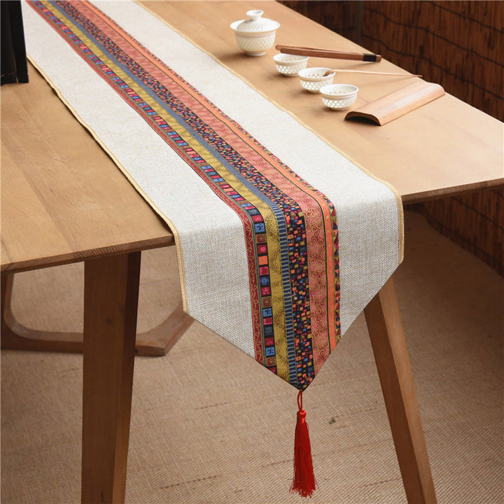 Chemin de table en coton et lin avec pompons, Buddha Stones, style chinois classique, lotus, poisson koï, fleur, grue, calligraphie, illumination