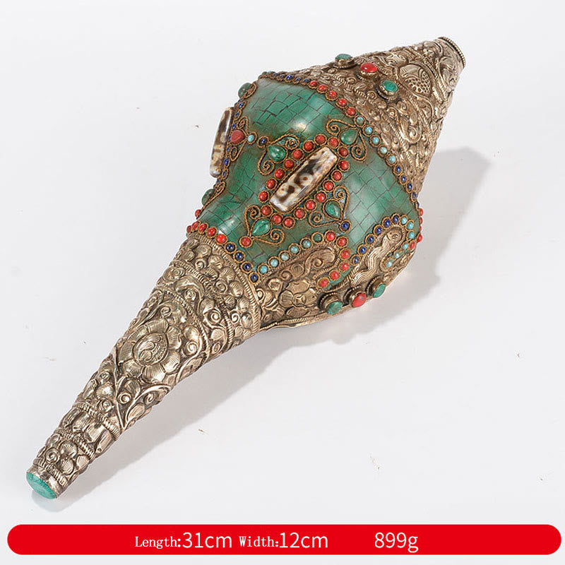 Tibétain fait à la main Shankha Om Mani Padme Hum bouddha Avalokitesvara coquille de conque Turquoise décoration positive - Double Dorje 31*12cm - image 20